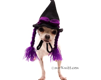 Black Wizard Hat with Purple Braid Wig, Witch Dog Hat, Wizard Dog Hat, Dog Wig, Halloween Pet Hat Crochet DB32 Myknitt - Free Shipping