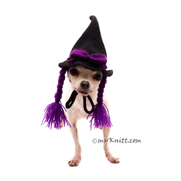 Black Wizard Hat with Purple Braid Wig, Witch Dog Hat, Wizard Dog Hat, Dog Wig, Halloween Pet Hat Crochet DB32 Myknitt - Free Shipping