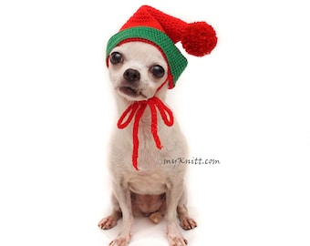 Santa Dog Hat Crochet, Santa Dog Hat Pom Pom, Elf Dog Hat, Christmas Dog Beanie, Puppy Hat Custom Fit DB35 Myknitt - Free Shipping