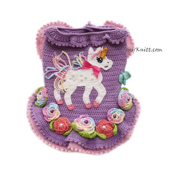 Unicorn Crochet Dog Dress Purple, Unicorn Valentine Dog Sweater, Rose Crochet Dog Dress, Chihuahua Clothes Custom DF255 Myknitt - Free Ship