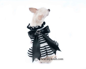 Black and White Dog Dress with Big Ribbon, Chihuahua Clothes, Dog Bridesmaid Dress, Dog Harness Dress, Teacup Dog Myknitt DF54 Free Shipping