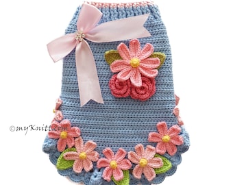 Blue Dog Dress with Crochet Daisy Flower Applique, Blue Dress for Dogs, Dachshund Clothes, Chihuahua Clothes, DF199 Myknitt - Free shipping