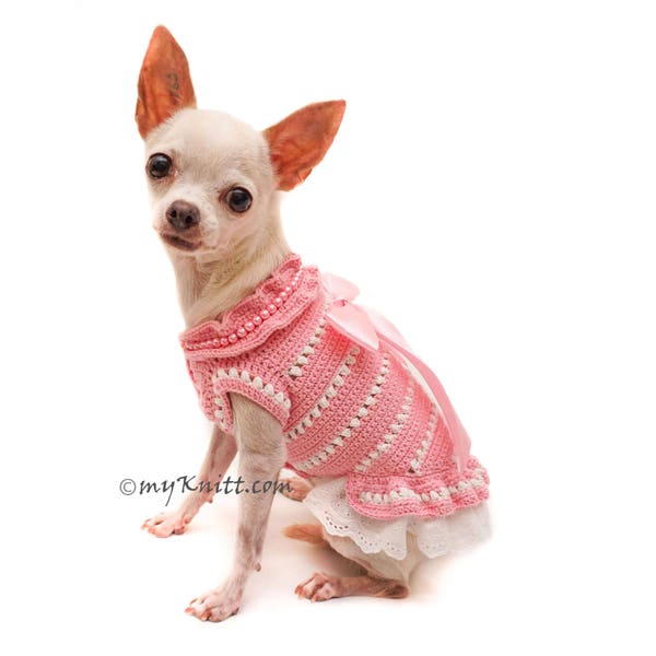 Baby Pink Dog Clothes Lace, Lace Dog Dress, Hand Crochet Dog Dress, Bridesmaid Dress for Pets, Poodle Clothes DF107 Myknitt Free Shipping