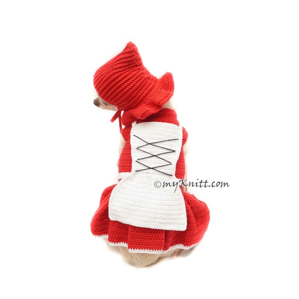 Red Cap Hood Costume Crochet, Cotton Dog Clothes Red Hood, Custom Pet Clothes, Chihuahua, Falktales Costume DF188 Myknitt Free Shipping