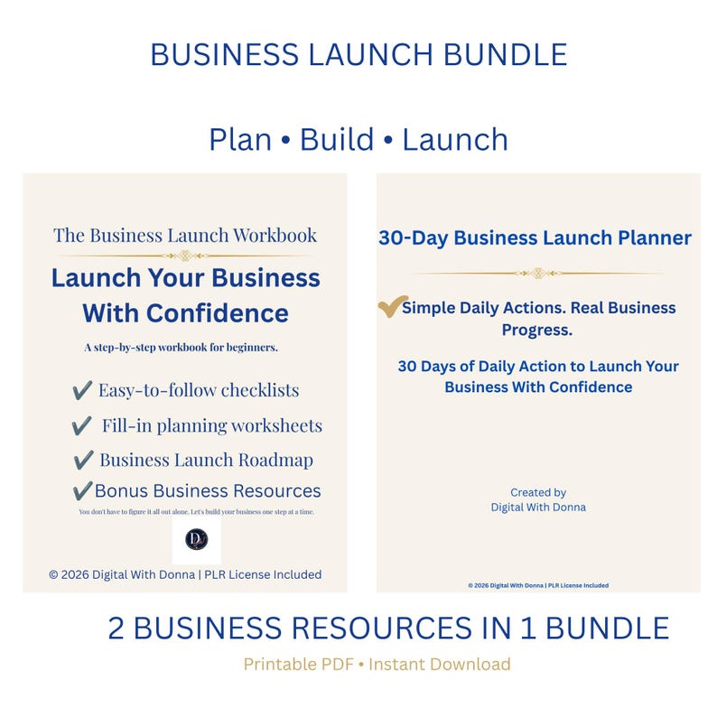May include: A Business Launch Bundle featuring two digital documents: The Business Launch Workbook and the 30-Day Business Launch Planner. Both documents are cream-colored with dark blue text, including checklists, worksheets, and roadmaps.