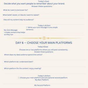 Pode incluir: Uma p&aacute;gina de folha de trabalho impressa intitulada Day 5 Write Your Core Message e Day 6 Choose Your Main Platforms. O documento apresenta cabe&ccedil;alhos de texto azul, perguntas instrutivas, linhas em branco e um rodap&eacute; 2026DigitalWithDonna.