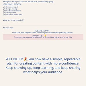 Pode incluir: Uma p&aacute;gina de planejador digital intitulada DAY 30 - CELEBRATE YOUR PROGRESS. Inclui se&ccedil;&otilde;es para Today's Goal, LOOK WHAT I CREATED, What am I most proud of, My next step, TODAY'S ACTION e Donna's Tip. O texto inferior diz YOU DID IT!