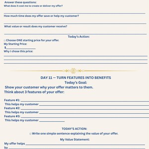 May include: A printable worksheet titled Day 10 Set Your Price and Day 11 Turn Features Into Benefits. The document features blue text on a light background with lines for writing answers, prompts for pricing strategies, and a tip from Donna at the bottom.