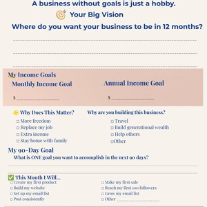 May include: A business planning worksheet titled Set Your Business Goals with sections for Your Big Vision, My Income Goals, Why Does This Matter, My 90-Day Goal, and This Month I Will. The document includes checkboxes and lines for written input.