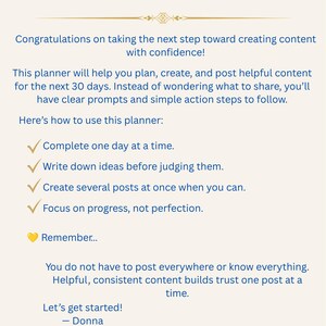 Pode incluir: Uma p&aacute;gina de planejador digital intitulada Welcome! com texto azul em um fundo creme. Fornece instru&ccedil;&otilde;es para um planejador de conte&uacute;do de 30 dias, incluindo quatro pontos com marcas de verifica&ccedil;&atilde;o e uma se&ccedil;&atilde;o Remember, terminando com Let's get started!