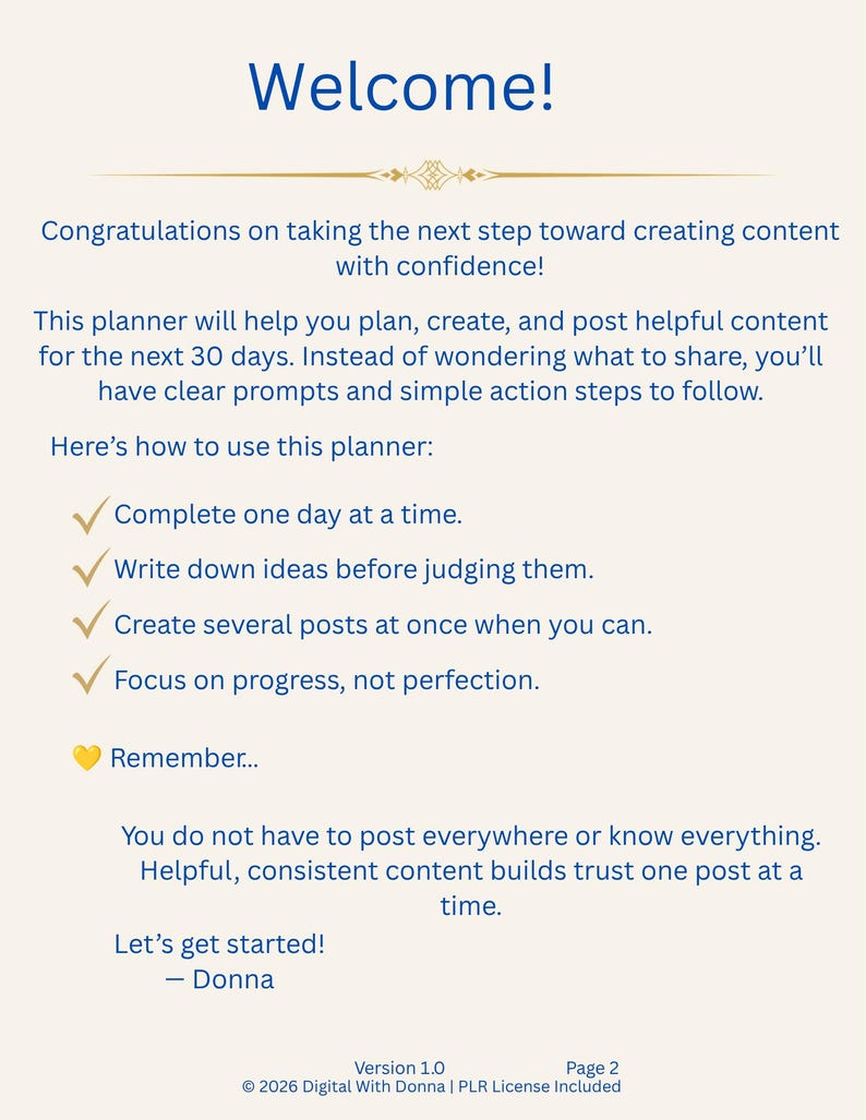 Pode incluir: Uma p&aacute;gina de planejador digital intitulada Welcome! com texto azul em um fundo creme. Fornece instru&ccedil;&otilde;es para um planejador de conte&uacute;do de 30 dias, incluindo quatro pontos com marcas de verifica&ccedil;&atilde;o e uma se&ccedil;&atilde;o Remember, terminando com Let's get started!