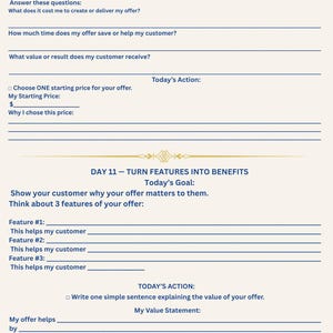 May include: A printable worksheet titled Day 10 - Set Your Price and Day 11 - Turn Features Into Benefits. The document features blue text on a light background with lines for writing answers, prompts for pricing, and a tip from Digital With Donna.