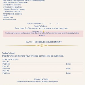 Pode incluir: Uma p&aacute;gina de planejador impressa intitulada Day 16 Batch Your Content e Day 17 Schedule Your Content. O texto inclui objetivos, tarefas e dicas para cria&ccedil;&atilde;o de conte&uacute;do, com linhas em branco para datas, ideias e detalhes de agendamento.