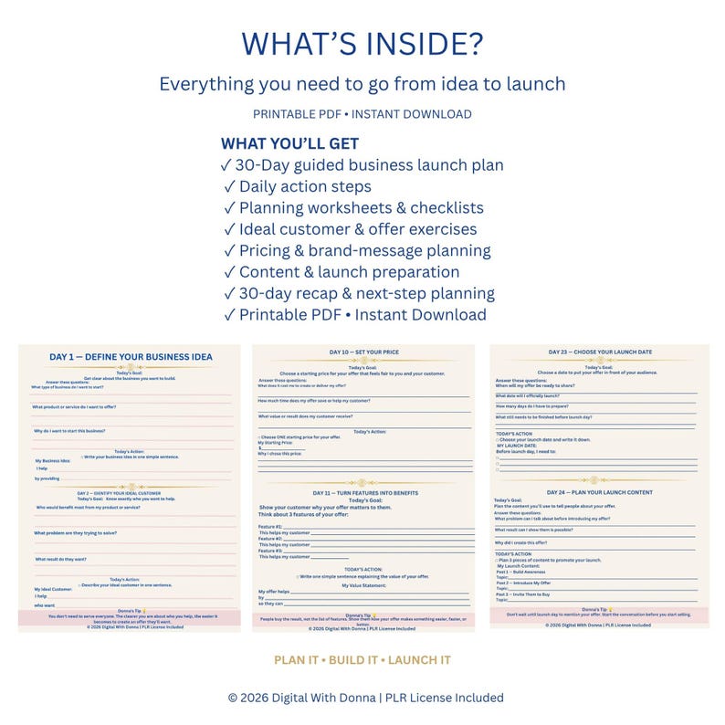 May include: A printable PDF business launch plan featuring a 30-day guide with daily action steps, planning worksheets, and checklists. The document includes sections for defining business ideas, setting prices, and planning launch content.