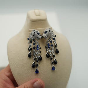 Panther Tassel Earrings: 925 Silver, 18k White Gold Plated