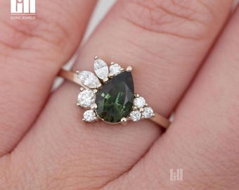 Green Pear Moissanite Engagement Ring – Diamond Cluster, 14K Gold Wedding Ring
