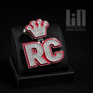 Iced Out RC Crown Pendant Necklace, Diamond Style Initial Letter Charm, Hip Hop Royal Jewelry, Custom Monogram Chain, Bling Statement Gift