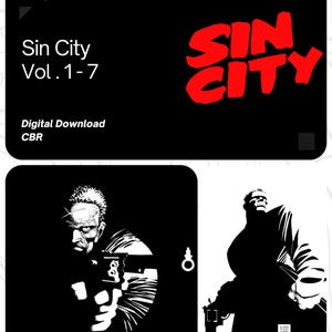Op de afbeelding: Digitale download van de stripboekenserie Sin City Vol. 1-7. De cover toont de titel in het rood, met zwart-wit illustraties van personages met wapens. De zin "the beauty of comics" is ook opgenomen.