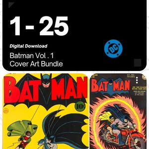 May include: Digital download of Batman Vol. 1 Cover Art Bundle, showcasing vintage comic book covers. The images feature Batman and Robin in action, with bold colours like yellow, red, and blue, and the DC Comics logo.