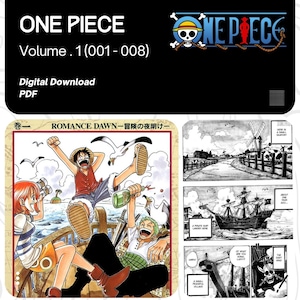 Könnte beinhalten: Digitaler PDF-Download von One Piece Band 1 (001-008). Das Cover zeigt den Serientitel und das Logo. Das Bild enthält farbenfrohe Comic-Panels mit Charakteren auf einem Boot und Schwarz-Weiß-Panels.