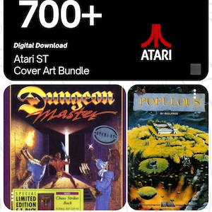 Op de afbeelding: Digitale download van een Atari ST Cover Art Bundle. De afbeelding toont het Atari-logo, de tekst "700+" en cover art van "Dungeon Master" en "Populous" videogames. De tekst "the beauty of gaming" is ook aanwezig.