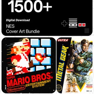 Może przedstawiać: Cyfrowy pakiet do pobrania grafik okładkowych NES, z tekstem "1500+". Zawiera obrazy okładek gier "Super Mario Bros." i "Metal Gear". Obecne jest również wyrażenie "the beauty of gaming".
