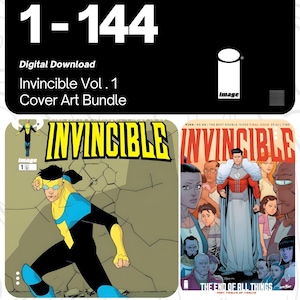 Puede incluir: Paquete de descarga digital de portadas de cómics de Invincible Vol. 1. La imagen presenta el texto "1-144" y "Invincible Vol. 1 Cover Art Bundle". Las portadas muestran arte de cómic vibrante con personajes en acción.