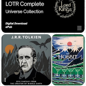 May include: A digital download collection of The Lord of the Rings and The Hobbit books by J.R.R. Tolkien. The image features a black header with white text, a portrait of Tolkien with a pipe, and a colorful illustrated cover of The Hobbit.