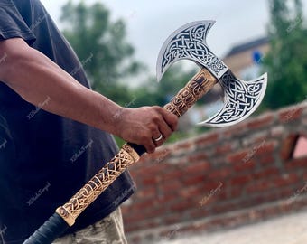 Viking Double Bit Axe | Celtic Norse Engraved Axe | Leather Wrapped Handle | Handmade Medieval Deco