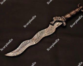 Hand Forged Damascus Steel Kris  Replica Dagger | Wavy Blade Ritual Knife with Dragon Handle | Collectible Fantasy Sword Gift