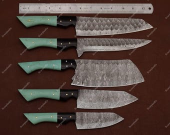 Professional Chef Knife Set – Forged High Carbon Steel with Blue Resin & Leather Sheath