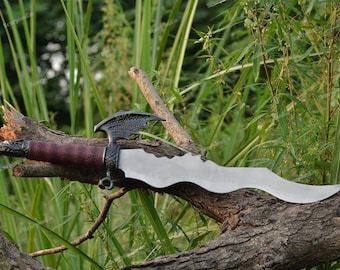 Handmade Gothic Dragon Knife | Fantasy Wavy Blade Dagger | Leather Wrapped Handle Gift