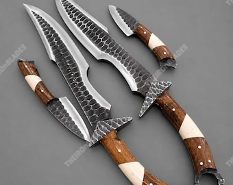 4 Piece Black Cobra Handmade Wootz Steel Short Sword: Rosewood & Bone Handle, Silver Guard