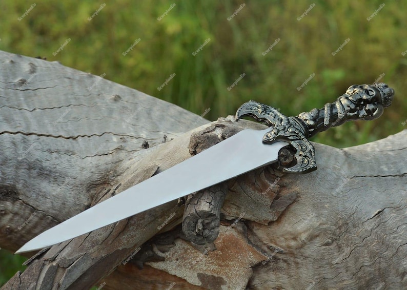 May include: A decorative dagger with a silver blade and an ornate handle. The handle features a detailed design with a dark metallic finish. The dagger is resting on a weathered wooden log, with a blurred green background.