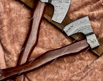 Handmade Damascus Steel Hatchets With Rose Wood Handles Custom Twin Axes Set, Camping & Throwing And Collectible Gift