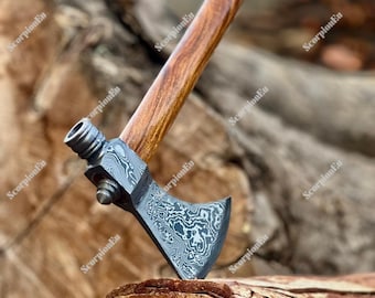Handgefertigte Axt aus Damast-Stahl im Wikinger-Stil mit Holzgriff und Lederetui
