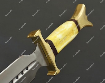 Hand Forged Double Head Gladiator Dagger | Carbon Steel Short Sword with Brass Guard & Bone Handle | Collectible Knife Gift for Him