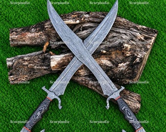 Handcrafted Damascus Steel Sword Set | Twin Medieval Swords with Leather Sheaths | Engraved Viking Fantasy