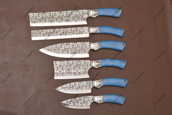 Professional Chef Knife Set – Forged High Carbon Steel with Blue Resin & Leather Sheath