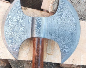 Hand Forged Damascus Steel Double Bit Viking Axe | Hardwood Handle | Medieval Gift For Boyfriend