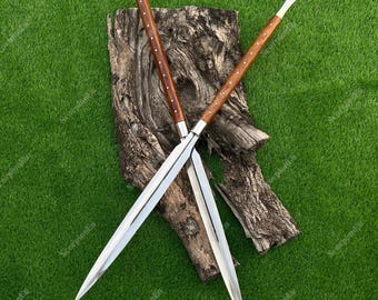 Handcrafted Medieval Fantasy Spear Set | Ornate Double-Blade Design Wooden Handle  Viking Norse Inspired Decor