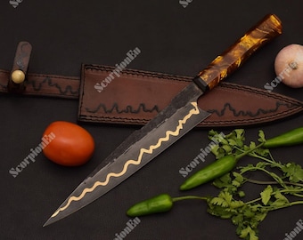 Handmade Copper Damascus Chef Knife |Hand Forged  Kitchen Knife |Anniversary & boyfriend Gift
