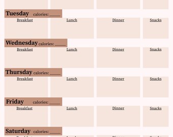 May include: A weekly meal planner with a light beige background. The title "WEEKLY MEAL PLANNER" is at the top. The days of the week are listed with space for breakfast, lunch, dinner, and snacks. Each day has a section for calories.