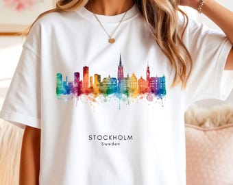 Stockholm Cityscape Tee: Colorful Urban Art, Travel Souvenir