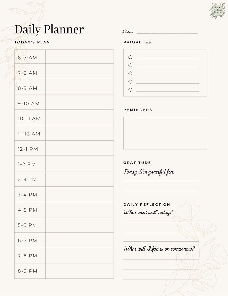Daily Planner Printable PDF | Botanical Hourly Schedule Template ...