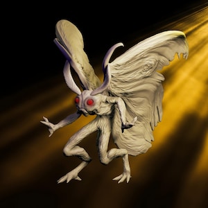 May include: A sculpted, off-white moth creature with large wings, red eyes, and slender limbs. The creature is posed in a dynamic stance, with its arms and legs extended. The background is a gradient of black and gold, with light rays.