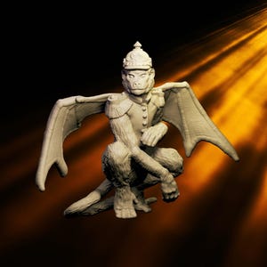 May include: A detailed, off-white gargoyle sculpture with a monkey-like face, wings, and a military-style uniform. The figure is kneeling, with its wings spread. The background is a gradient of black and orange with bright light rays.