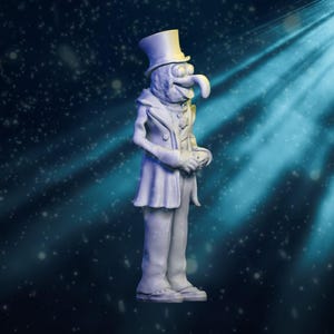 May include: A light grey figurine of a bird-like character in a top hat, coat, and trousers. The figure has a long beak and clasped hands. The background is dark blue with light rays shining down.
