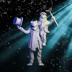 Puede incluir: Imagen renderizada en 3D de dos figuras de rana con atuendo de invierno. Una rana sostiene un sombrero de copa, la otra una pala de nieve. Están sobre un fondo azul oscuro con nieve cayendo y un foco.