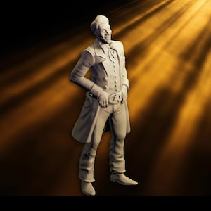 May include: A light gray figurine of a man in a vintage suit, with a long coat and a bow tie. The figure has a belt buckle with the letters "ZA" on it. The background is a gradient of brown and gold with light rays.